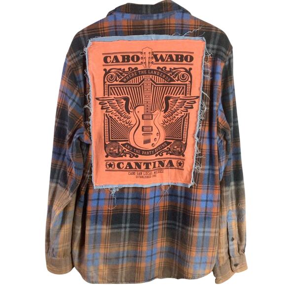 Reworked Cabo Wabo FLANNEL distressed DENIM shirt patch Orange 2XL - Picture 1 of 7